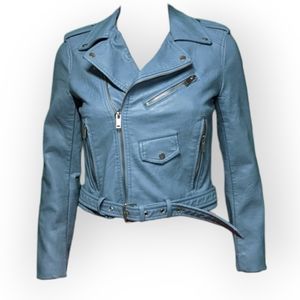 Zara Basic Blue Faux Leather Motorcycle Jacket, XS